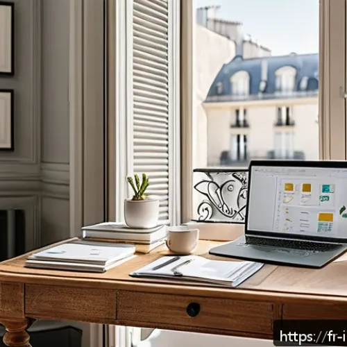 인테리어 디자이너의 시간 관리 비법 - A bright, modern home office scene in Paris with a neatly organized desk featuring a laptop, planner...