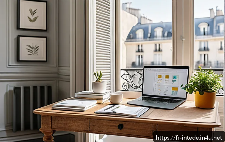 인테리어 디자이너의 시간 관리 비법 - A bright, modern home office scene in Paris with a neatly organized desk featuring a laptop, planner...