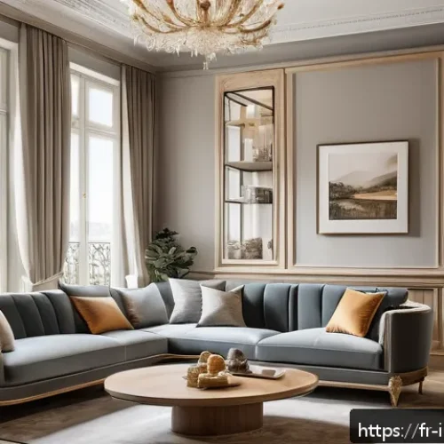 인테리어 디자이너의 해외 트렌드 적용 사례 - A sophisticated French interior design scene blending traditional craftsmanship and modern innovatio...