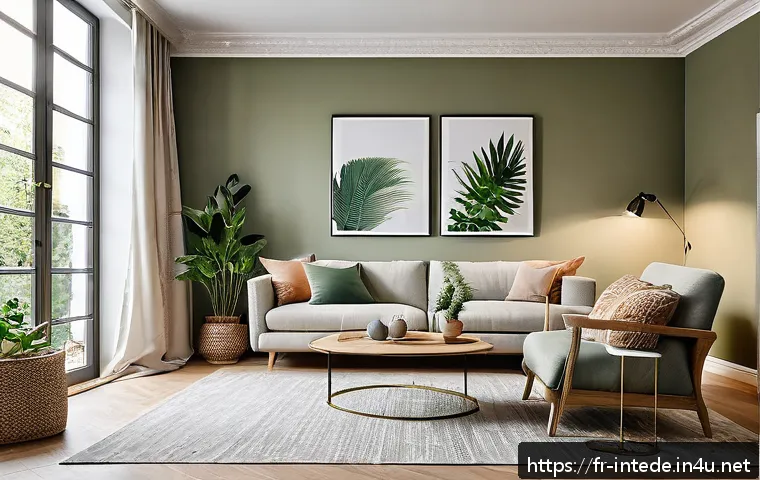 인테리어 프로젝트 관리 프로세스 - A cozy and elegant living room interior showcasing a blend of natural materials and warm lighting, f...