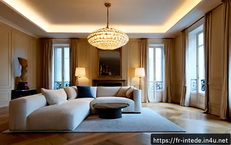 인테리어 디자인에서 효과적인 조명 사용법 - Photorealistic elegant Parisian apartment living room at blue hour, layered lighting design with war...
